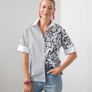 Chicos Sz 0 Dolman Paisley Ikat Top Small 4/6 Black White Button Down New WT398